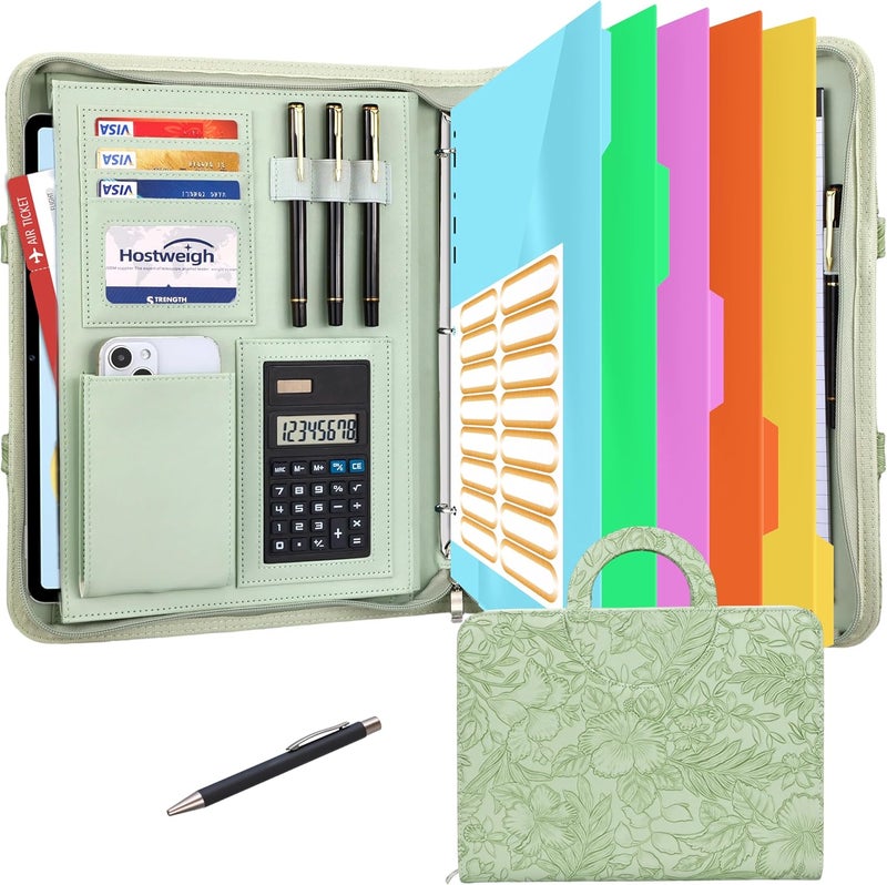 NATISERAUM Portfolio Binder - 3 Ring Binder with Handle, Vegan Leather Business Padfolio Folder with Notepad, Includes 5 Dividers with 10 Pockets for Documents Files - Image 1